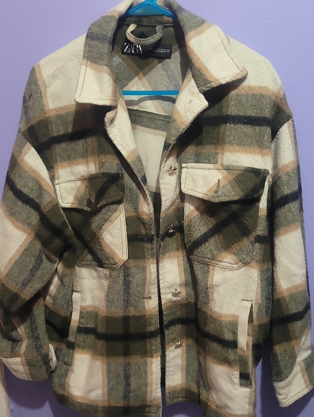 Zara Olive, Cream & Tan Plaid Shirt Jacket